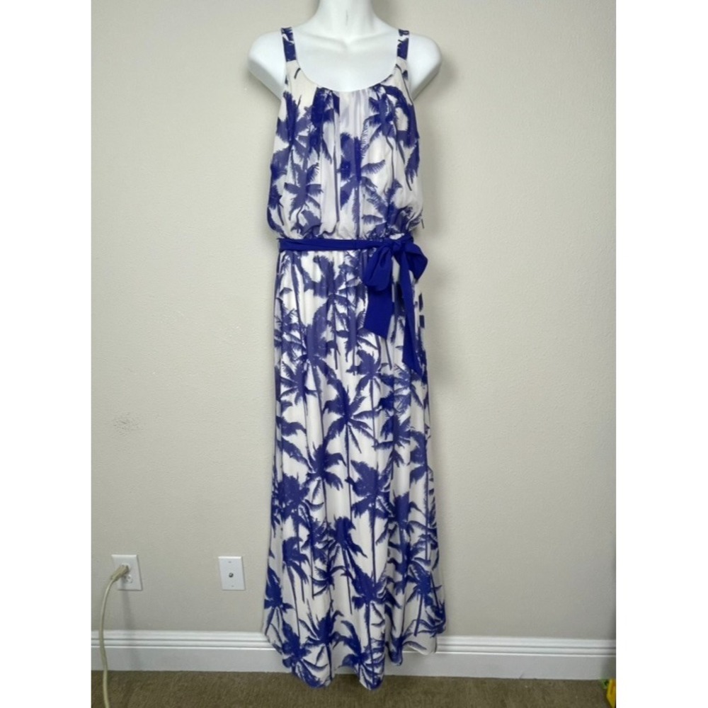 Eliza J Maxi Dress‎ 8 Blue White Palm Print Belted Resortwear Coastal NWT